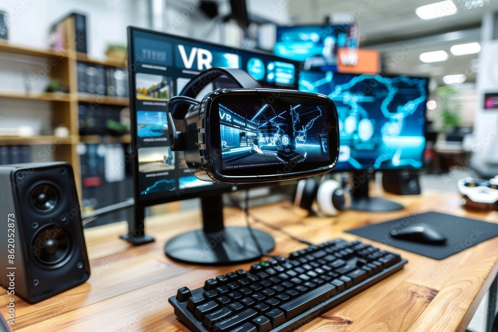 Aufkleber vr workspace with dual monitors, emphasizing the integration of advanced technology in a professiona