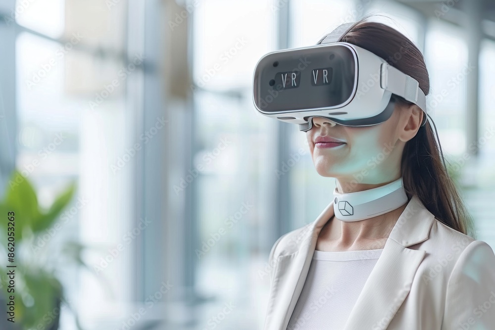 Poster woman using vr in a bright indoor setting, highlighting the immersive experience and advanced techno