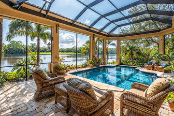 Florida luxury mansion lanai patio on the waterfront with screened in pool, exterior home design