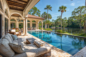 Florida luxury mansion patio on the waterfront with pool, exterior home design