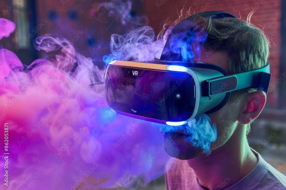 Aufkleber man using vr with smoke effects, emphasizing the immersive experience and advanced technology, perfe