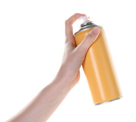 Man with can of spray paint on white background, closeup