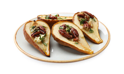 Tasty baked pears with nuts, blue cheese, thyme and honey on white background