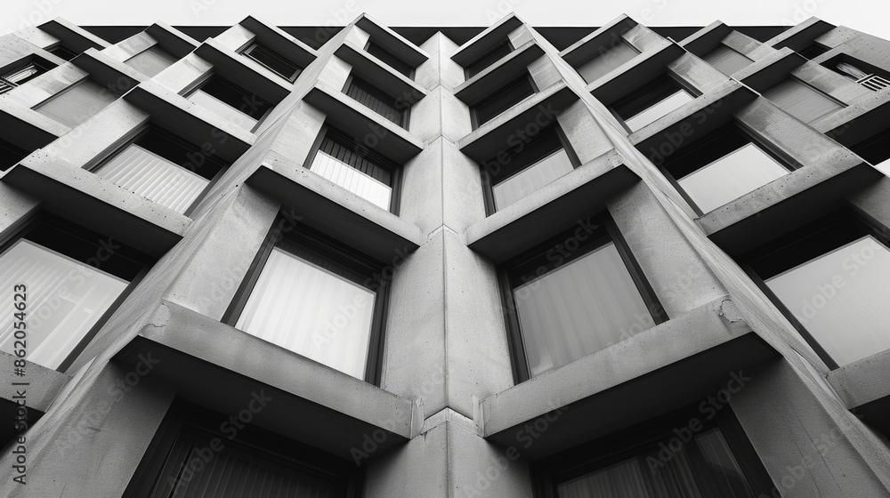 Poster the stark contrast between black and white surfaces highlighting the repetitive patterns in a buildi