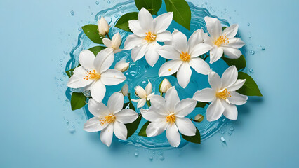 A beautiful bouquet of white frangipani blossoms on a blue background, perfect for a tropical spring or summer floral display