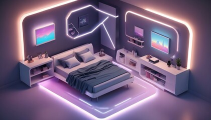 Futuristic isometric bedroom design featuring innovative furniture and gradient LED lights
