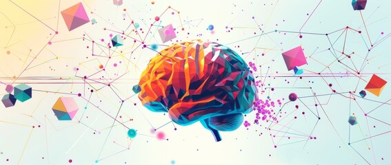 A vibrant and colorful illustration of the human brain, surrounded by an array of interconnected geometric shapes representing neural connections.