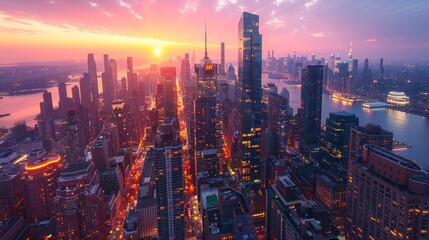 Fototapeta premium Embark on a visual journey through the bustling cityscape at sunset. Watch as the vibrant lights come to life, painting the urban skyline with a warm and captivating glow.