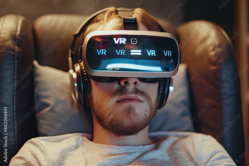 Poster man relaxing with vr at home, emphasizing the blend of digital relaxation and advanced technology, p