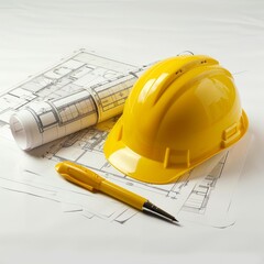 A yellow construction helmet and blueprints with building models on white background, no people or objects in the scene.