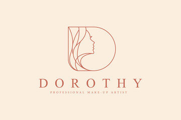 Logotype Letter D. minimalist Line Art logo design with a profile of a woman's face incorporated into the letter D
