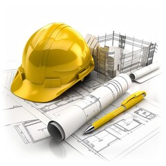 A yellow construction helmet and blueprints with building models on white background, no people or objects in the scene.