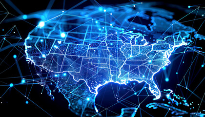 Obraz premium Blue digital network map over the United States, digital data technology glowing communication, futuristic internet cyberspace web