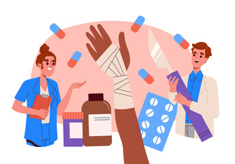 Operation at hand concept. Doctors with broken arm. Bone fracture treatment. Surgers with pills and medicines, drugs and painkillers. Cartoon flat vector illustration isolated on white background