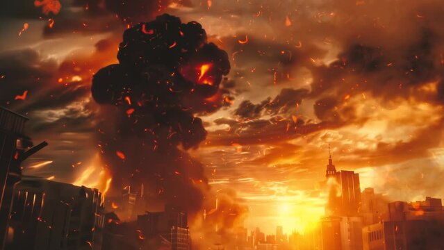 Large explosion behind destroyed city Cinematic view of Apocalyptic destroyed city. Fire in ruined city
