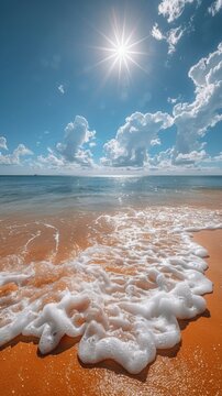 Serene beach paradise under a radiant sun, waves gently lapping the golden shore