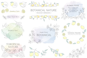 夏のボタニカルフレームセット（水彩　見出し　タイトル　レモン　朝顔　ハイビスカス　トロピカル）