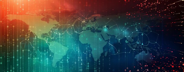 Obraz premium Abstract digital world map background with binary code and light rays, symbolizing global connectivity in technology and data transfer.