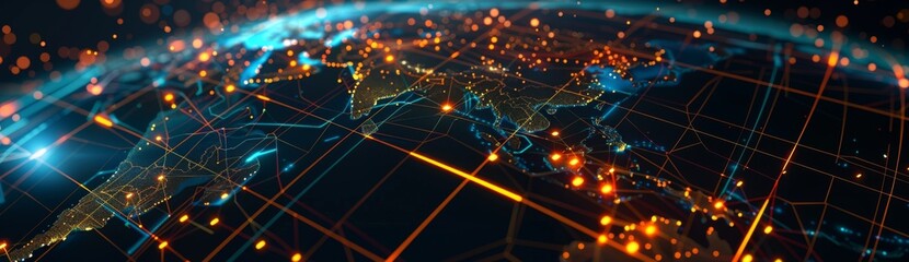 Fototapeta premium Abstract digital world map with data visualization, depicting a global business and online trading concept background with colorful light streaks and blurred city lights.