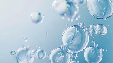 Liquid with bubbles on blue background Organic skincare products Selective focus