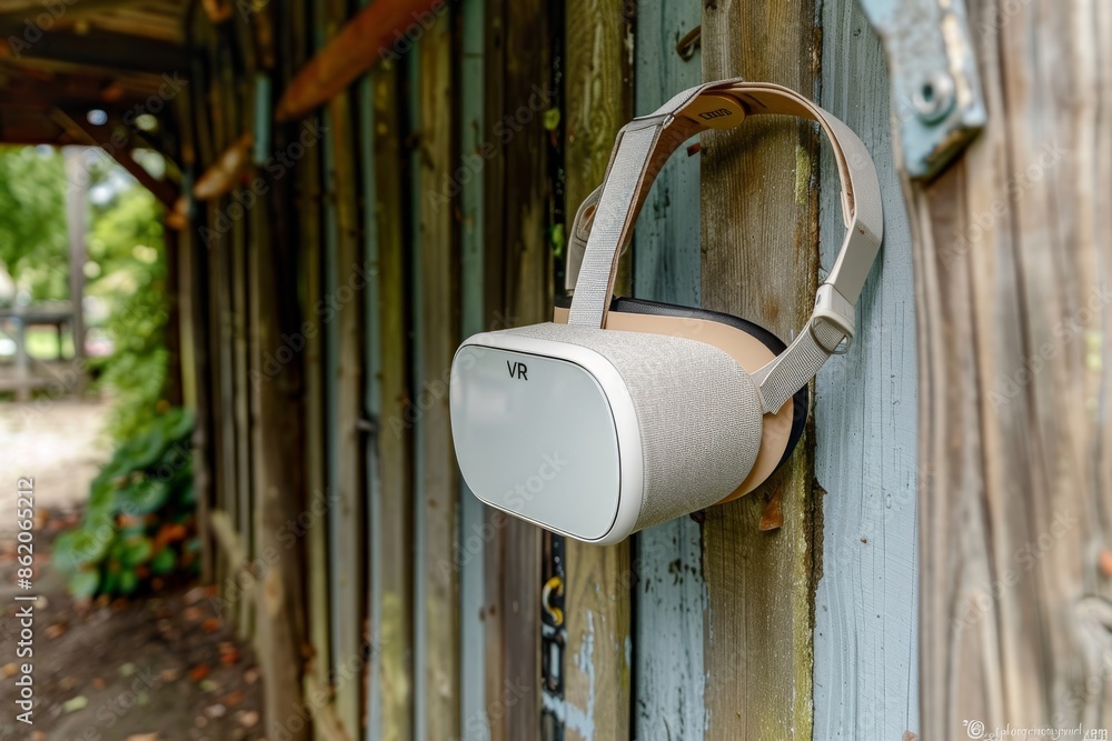Poster vr headset mounted on a rustic wall, emphasizing the blend of advanced technology and natural textur