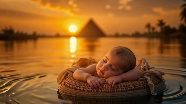 Baby Moses floating in a basket floating in the Nile river, ancient Egypt concept, pyramid in the background, bible story, christianity and biblical concept