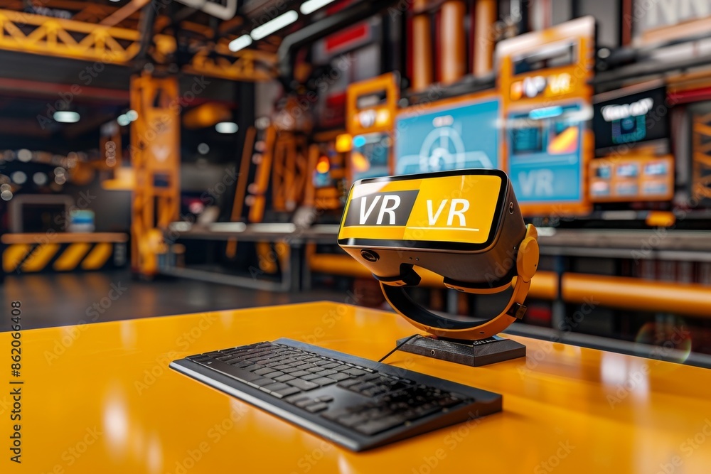 Poster futuristic vr setup on a yellow desk, emphasizing the advanced technology and sleek design, perfect 