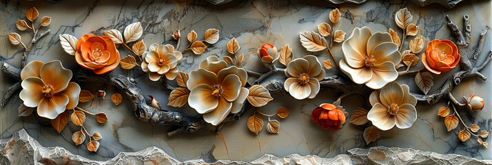 Fototapeta premium panel wall art, wall decoration, marble background with flowers designs