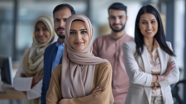 Beautiful arab middle-eastern women with traditional abaya dress and middle easter man wearing kandora standi in business office - Group of arabic muslim adults portrait in Dubai, United Arab Emirates