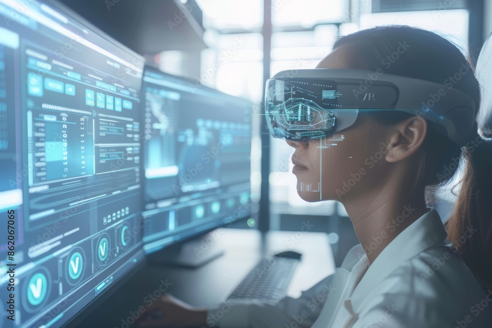 Poster woman using vr in a high tech workspace, highlighting the integration of advanced technology and pro