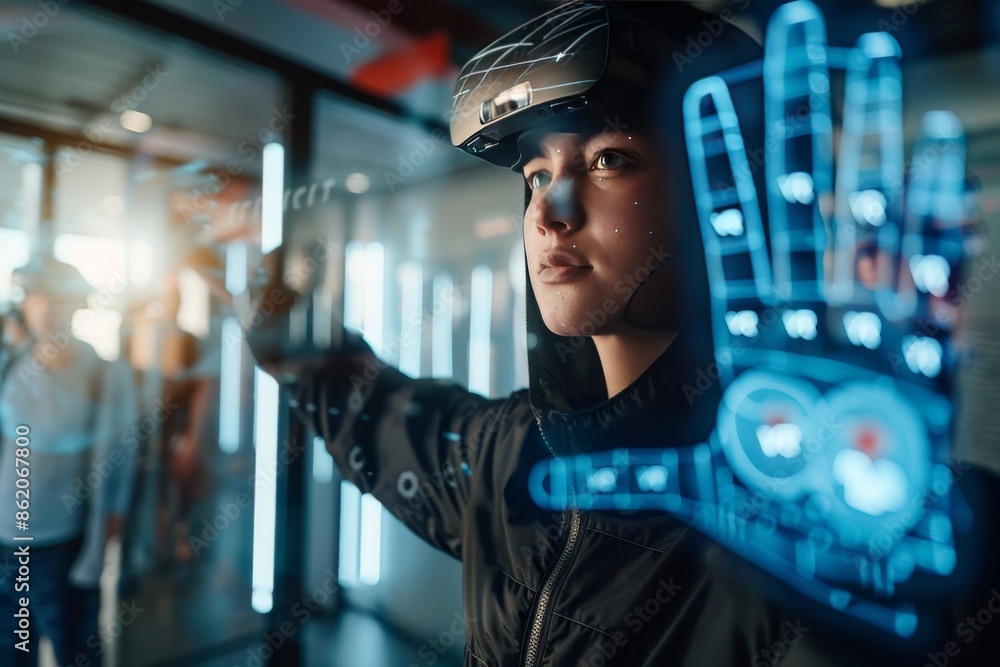 Poster man using vr with holographic interface, highlighting the integration of advanced technology and mod
