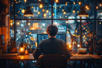 Obraz premium Man Working On Computer In Front Of Window With String Lights At Night