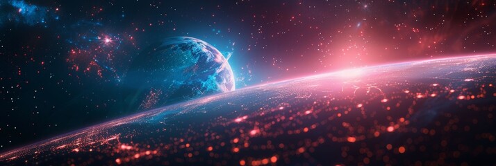 Obraz premium Blue gradient background with glowing planet Earth and digital world map, technology theme, blue purple and pink color combination, dark tone, digital illustration style, high resolution.