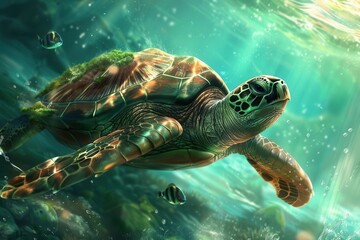 Fototapeta premium Tranquil Underwater World. Peaceful turtle swimming in crystal-clear waters