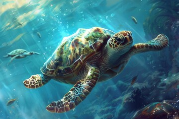 Fototapeta premium Majestic Sea Turtle Swimming in Coral Reef. Underwater Harmony concept