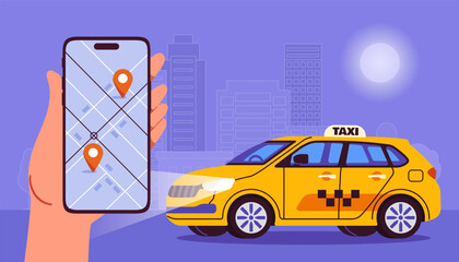 Naklejka premium Night taxi order. Hand with smartphone near yellow automobile. Transport for travelers and tourists. Application for trip with map. Urban infrastructure. Cartoon flat vector illustration