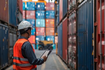 Carts for cargo containers in the background, at a container port warehouse with an engineer worker wearing a safety uniform and helmet holding a tablet computer at the working area of a cargo yard