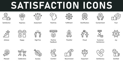 Satisfaction Icons vector illustration with thin line editable stroke contains happiness, assessment, positivity, fulfilment, gratification, contentment, trust, achieve, happy, high five, feedback