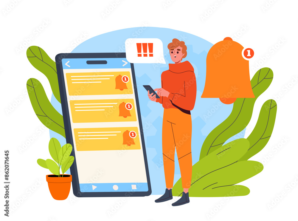 Poster man with notifications in phone. young guy with smartphone announcements and messages. information a