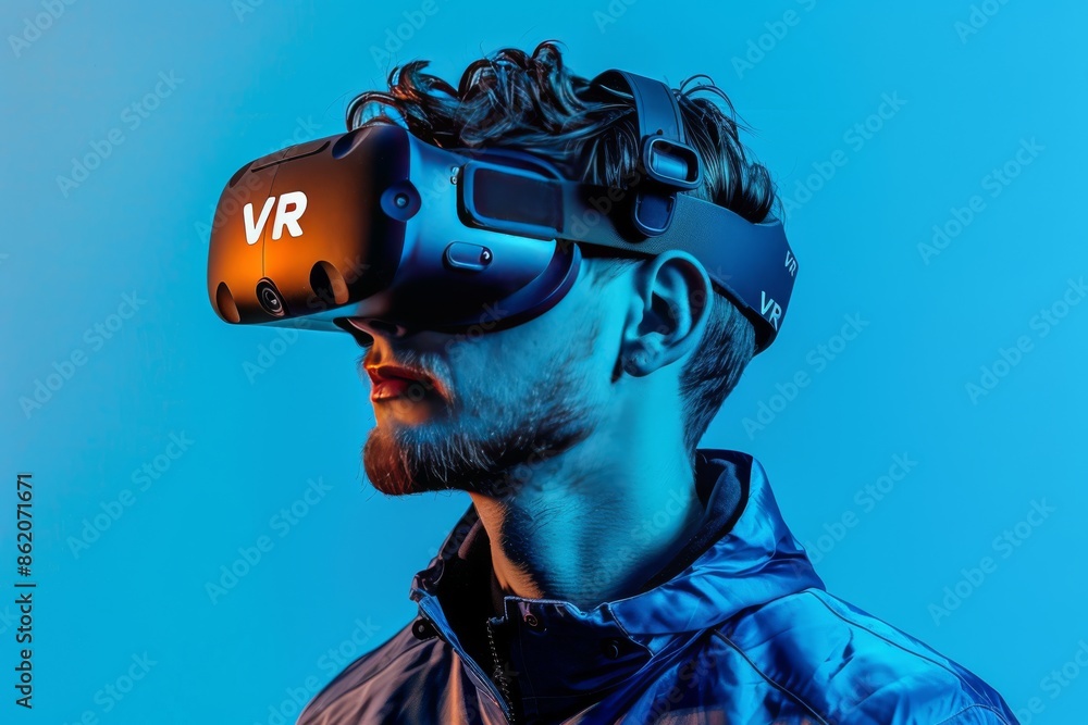Poster man using vr with neon lighting, highlighting the immersive experience and advanced technology, perf