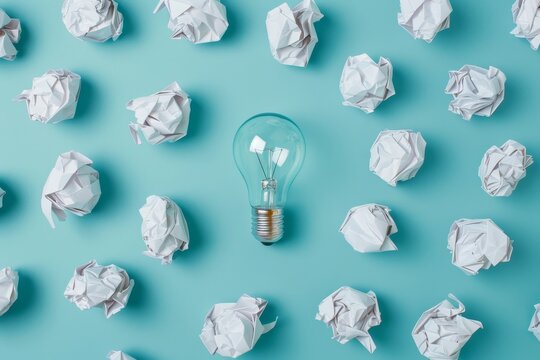 Creative idea concept with crumpled paper balls and a light bulb on a blue background, shown from a top view.