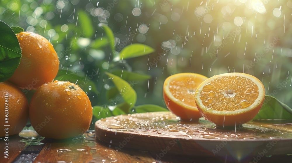 Poster oranges are sitting on a wooden table, with one of them cut open. generate ai image