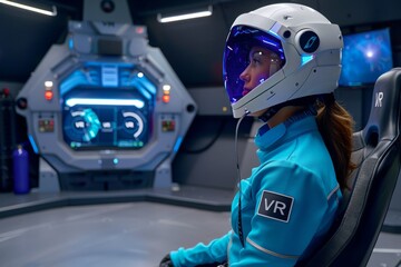 Woman in a futuristic VR helmet, highlighting the integration of advanced technology and immersive experiences, perfect for showcasing modern digital solutions and innovative environments