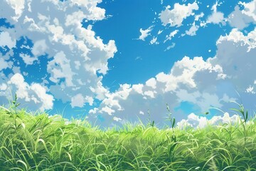 Obraz premium Serene Horizon. Peaceful sky and lush green grass harmoniously blending in nature's canvas concept