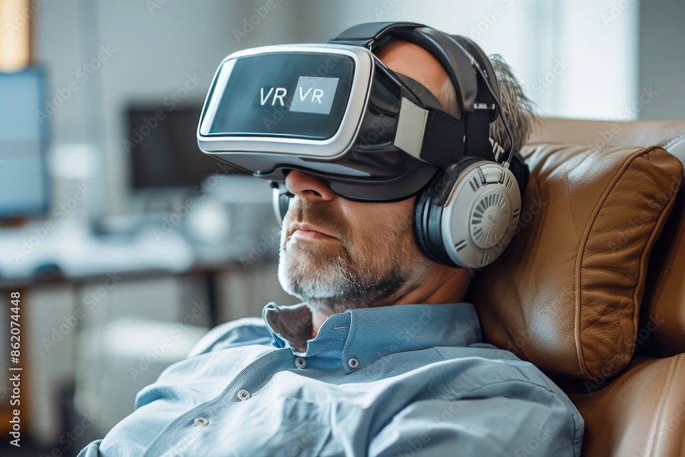 Poster man relaxing with vr at home, emphasizing the blend of digital relaxation and advanced technology, p
