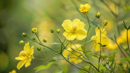 Blooming yellow flowers of Gossypium barbadense with blurred backdrop