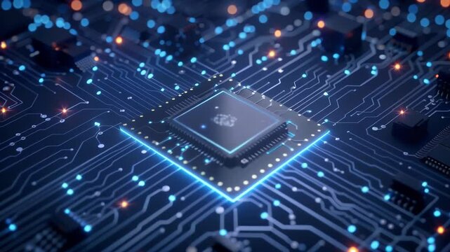 Central blue microprocessor illuminated on dark circuit board. Intricate network of glowing blue pathways and nodes. Futuristic representation of computing power and data flow. 
