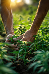 Naklejka premium Dedicated Farmer Examining Cannabis Plant in the Field for Marijuana Agriculture High Quality Cultivation and Expert Crop Management Techniques in Modern Hemp Farming Practices