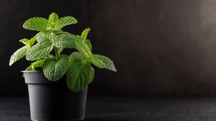 Fototapeta premium Peppermint plant growing in a black pot is lush and healthy. The pot is simple. It helps to focus on your thriving peppermint plant.