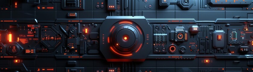 Fototapeta premium A dark, futuristic style is captured in a black tech background with scifi 3D panels